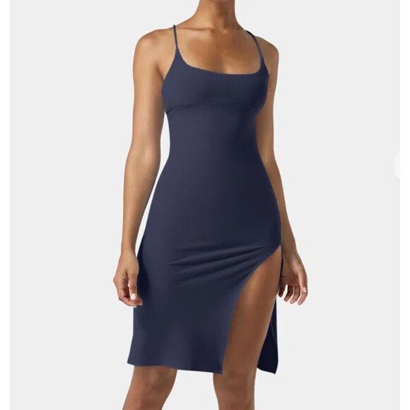 Halara Women's NWT Navy Everyday Split Strap Bodycon Midi Dress Size Large - Picture 1 of 9